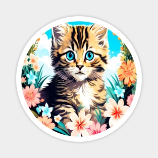 Tiger Striped Kitten Surrounded by Spring Flowers Magnet